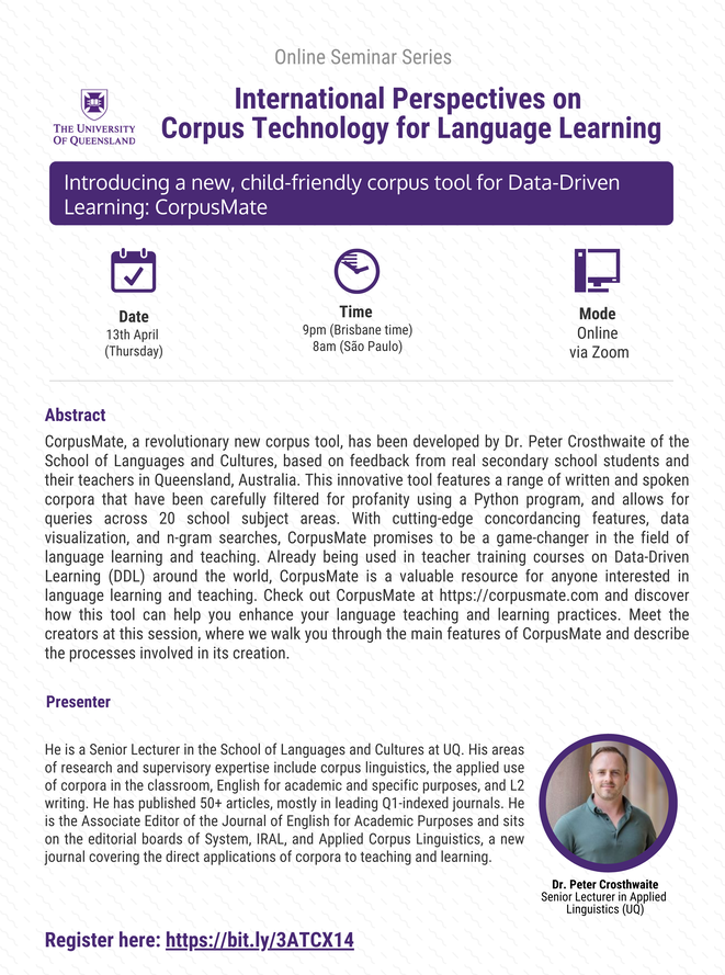DrCrosthwaite's tweet photo. For you! 
https://t.co/OQyqeV7wmZ
A NEW user-friendly online corpus tool, developed in response to feedback from younger learners. 
13th April - Meet the creators and see how the tool was built and how it functions! 
Register https://t.co/GLWdFSfdl9 
#corpuslinguistics
@HASSUQ https://t.co/3zcqXKrlFE