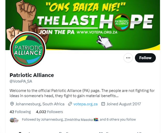 There is nothing more confusing than Patriotic Alliance Twitter page. Their slogan 'Ons Baiza Nie' is their name. @ChrisExcel102 can you tell @GaytonMcK and @Kenny_T_Kunene PA deserve better than this. Julius Cape Town BRICS De Ruyter Empangeni Ramaphosa Stage 1 #RIPAKA #NOTA