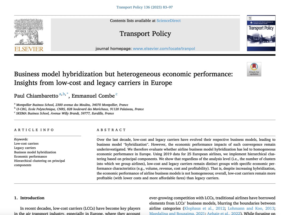 [✈️New publication📰] Very happy to share our latest publication with <a href="/emmanuelcombe/">Combe Emmanuel</a> in Transport Policy (<a href="/Transport_ELS/">Elsevier Transport</a>) about airlines' business model hybridization !  Free access to the full paper in the comments ⬇️