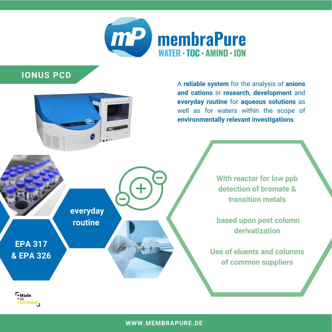 The IONUS PCD is a dedicated system, equipped with a unit for post column derivatization.
This technique is mostly used in #drinkingwater analysis. In addition, #transitionmetals and #organicacids can be determined.

membrapure.de/ionchromatogra…