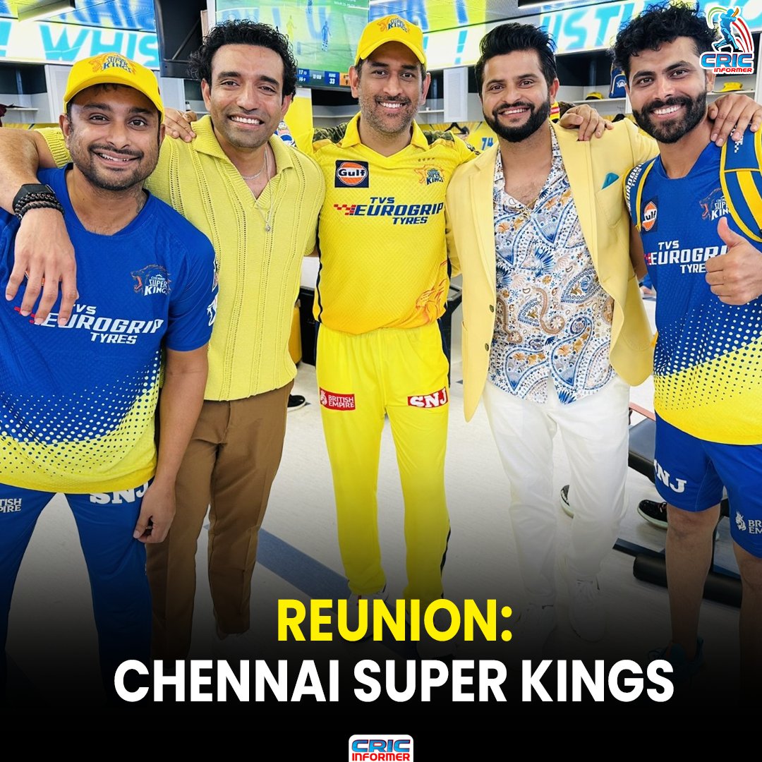 CricInformer's tweet photo. Chennai Super Kings: Friends together

#ChennaiSuperKings #CSK #CSKvsLSG #MSD #MSDhoni #RobbinUthappa #SureshRaina #RavindraJadeja #Dhoni #IPL #IPL2023 #cricket #CricketTwitter #cricketnews https://t.co/k1oh8cb1N4