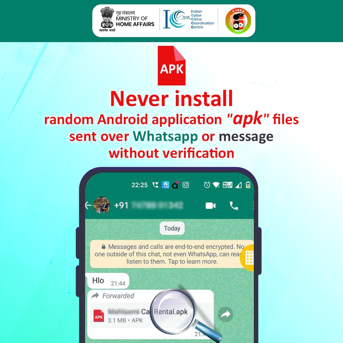 Cyberdost's tweet photo. अनजान ".APK" से सावधान!

Never install .apk files sent over whatsapp or message without verification. #Dial1930 to report a case of cybercrime and file your complaint at https://t.co/pVyjABu4od

#OnlineFraud #Android #Apps #Trend #I4C #MHA #CyberSec @GooglePlay @RBI @NPCI_NPCI https://t.co/VZW0sPytkp