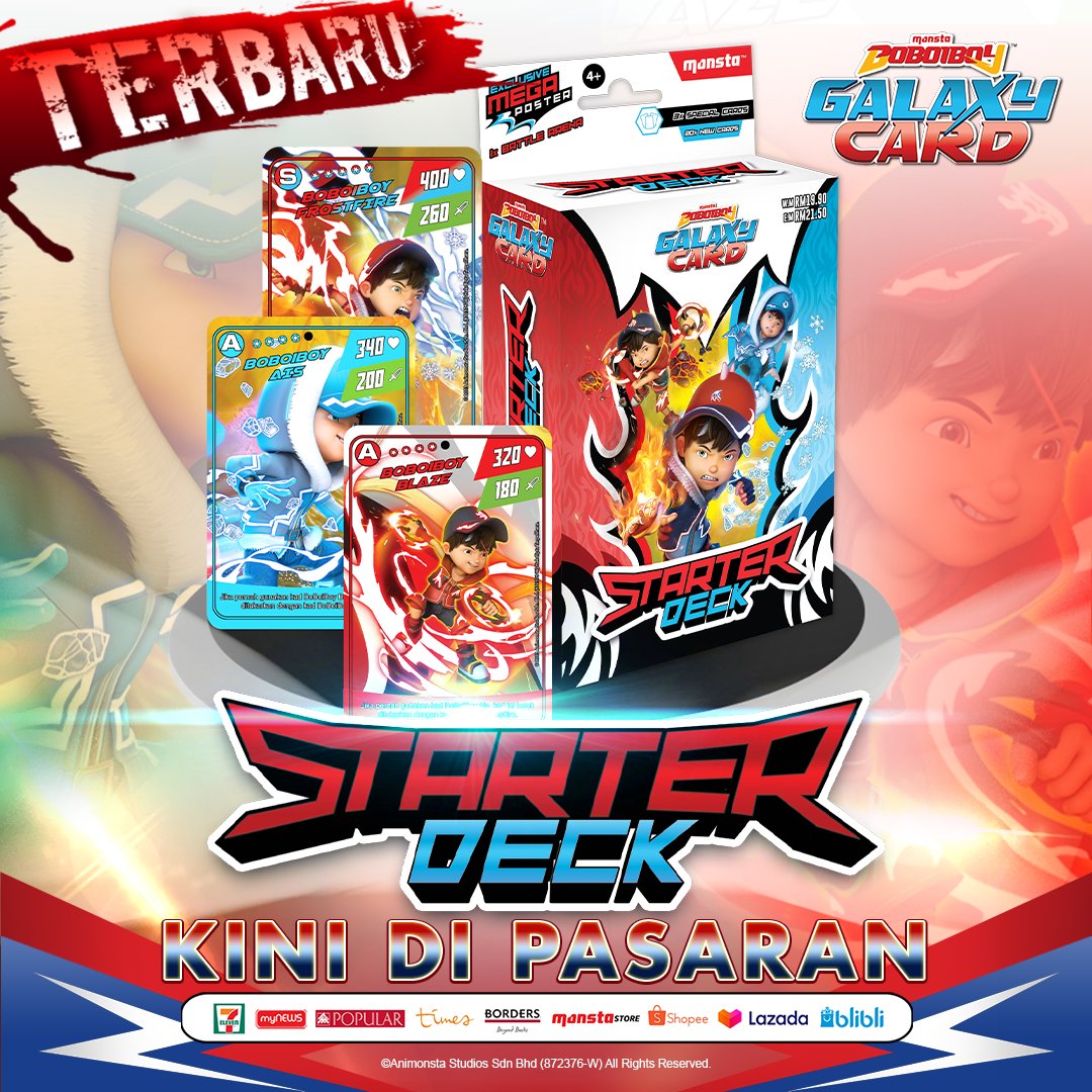 BoBoiBoy's tweet photo. 📢 KINI DI PASARAN! 
⚡STARTER DECK V5 #BOBOIBOY FROSTFIRE

• 3 Special cards + 18(+2) New cards + 3 OSOM cards + New Arena Mat
• Kumpul, main dan gabungkan BoBoiBoy #GalaxyCard terbaru ini sekarang! https://t.co/Ouez2Kwv6Q