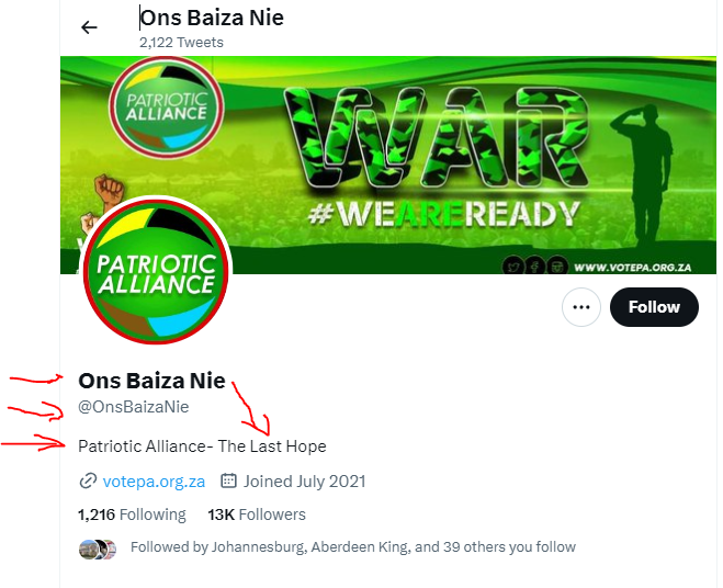 @GaytonMcK Chief, can you remove this confusion on your Twitter name handle. People are struggling to find Patriotic Alliance. Just run a survey us then the difference between the two. People think there is a party called Ons Baiza Nie and Patriotic Alliance.