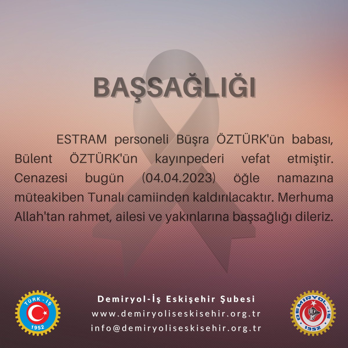 demiryolis26's tweet photo. ESTRAM personeli Büşra ÖZTÜRK'ün babası, Bülent ÖZTÜRK'ün kayınpederi vefat etmiştir. Cenazesi bugün (04.04.2023) öğle namazına müteakiben Tunalı camiinden kaldırılacaktır. Merhuma Allah'tan rahmet, ailesi ve yakınlarına başsağlığı dileriz. https://t.co/Mkma7LeyHn