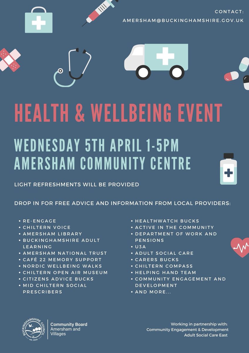 AmershamNews's tweet image. The Amersham Health &amp;amp; Wellbeing Event is this Wednesday between 1-5pm - drop in to #Amersham Community Centre at the Lifestyle Centre to find out more about local services and activities 
@HW_Bucks