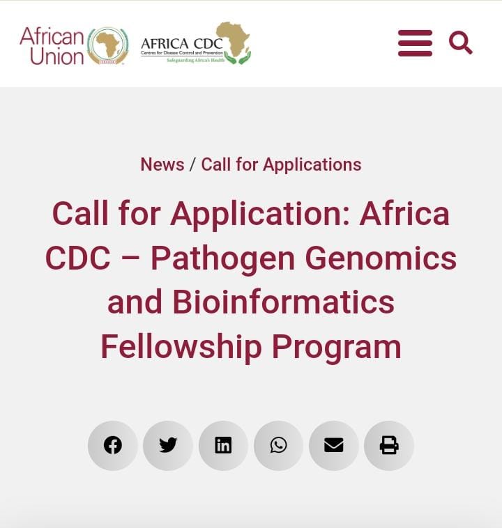 🚨 CALL FOR APPLICATION

📌Africa CDC–Pathogen Genomics and Bioinformatics Fellowship Program offers the fellowship program.

 ✂️Application deadline: Friday, April 28, 2023, 5:00 PM (EAT)

 📌Start of the fellowship : June 2023

📩Apply through the link: shorturl.at/xyPZ7