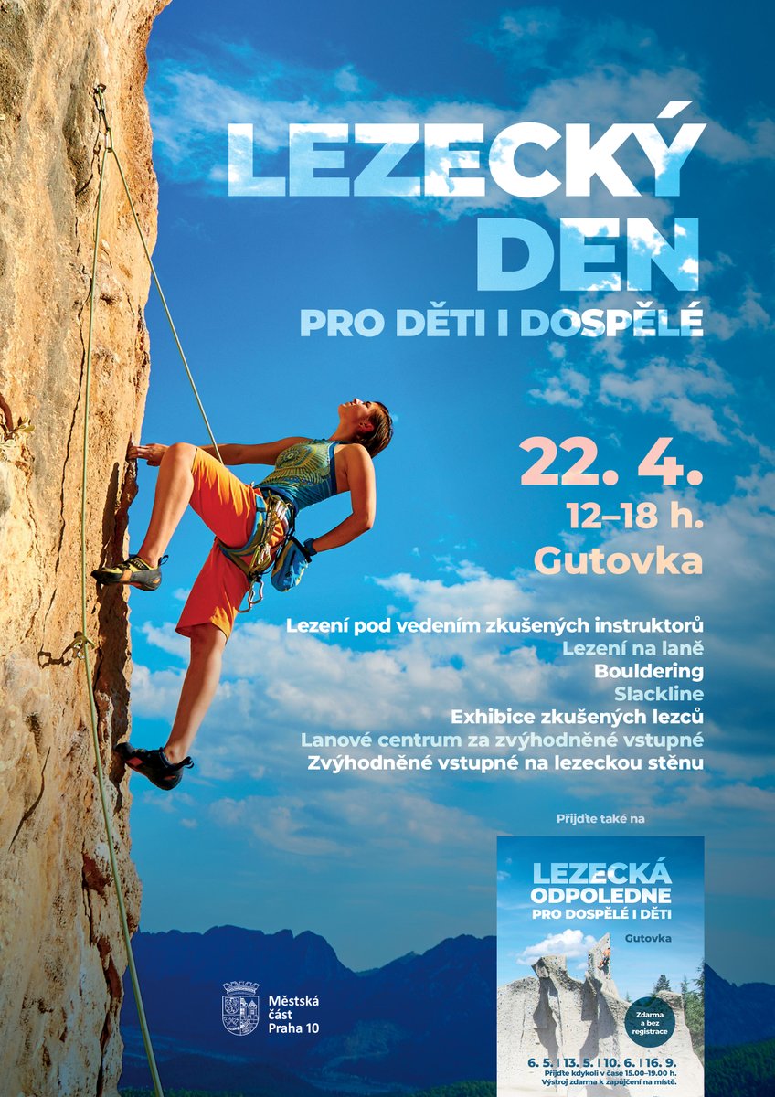 Leze, leze po Gutovce. Kam až vyleze? 🧗‍♀️
Chcete si vyzkoušet jeden z nejzajímavějších sportů? Chcete zkusit pokořit lezeckou stěnu? Tak přijďte 22. dubna od 12 hodin na Gutovku na Lezecký den 😊
