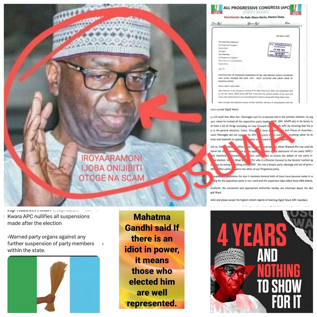 Jani4Tijani's tweet photo. @seuntcc Shey una discuss all d local battles wey una rigged dudguv @RealAARahman dey face?
From d mountain of dirt una establish at d previously international mandate market to dat pavementless lightless single road to d suspension n unsuspension wahala inside dat una @Kwara_APC
#Osuwa https://t.co/2zCfFZ4y0Z