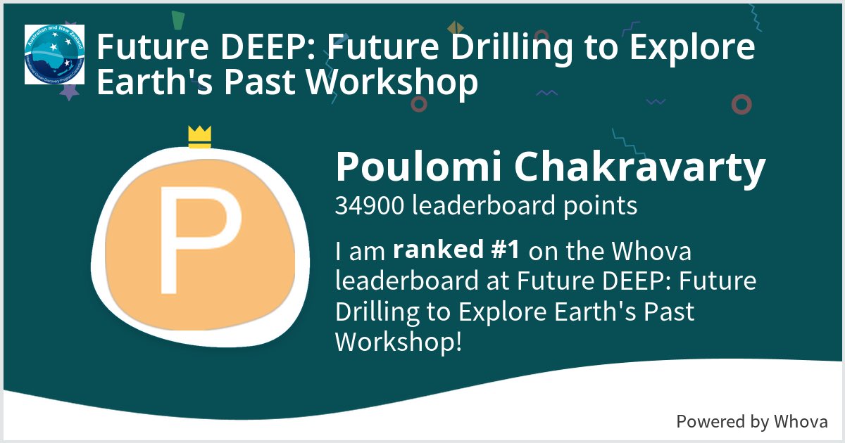 Cpoulomi07's tweet photo. I ranked #1 on the Whova leaderboard at Future DEEP: Future Drilling to Explore Earth's Past Workshop! #FutureDEEP #ANZIC #IODP #ICDP #ScientificOceanDrilling - via #Whova event app 😄 https://t.co/Rg1hlGNm7y