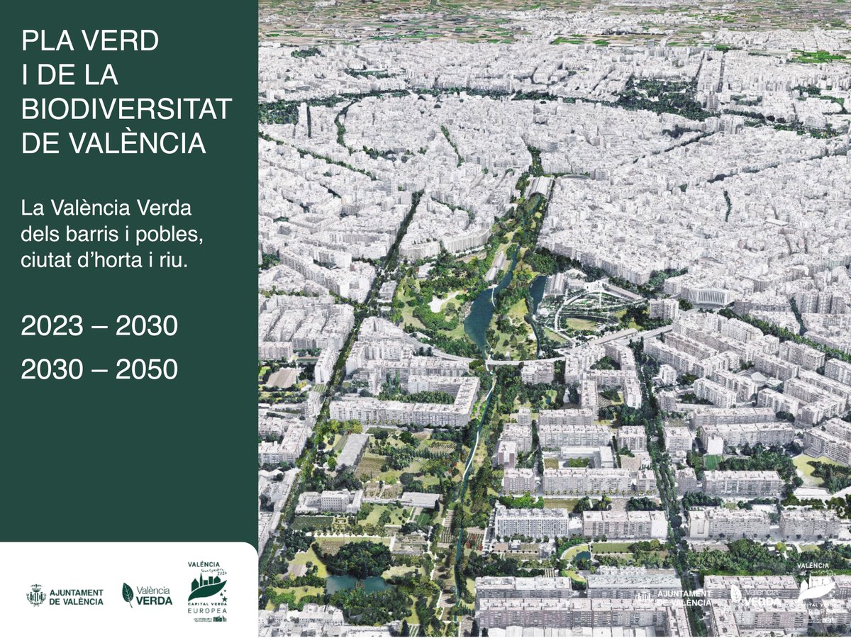 🎉 Ahir presentàrem el Pla Verd i de la Biodiversitat de #València, un document estratègic que posa les bases per al desenvolupament de la infraestructura verda de les pròximes dècades. Algunes dades 

📈 Passar de 7,54 m2 de zones verdes / hab (sense la Devesa) a 11,79 m2/hab.