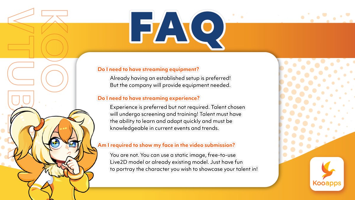 koo_vt's tweet photo. Got questions about our VTuber audition for Koochan? 🤔🎙️ Check out our handy FAQ guide for all the answers you need! Don't miss your chance to be a part of our Kooapps team! https://t.co/9KNltNa5Z6