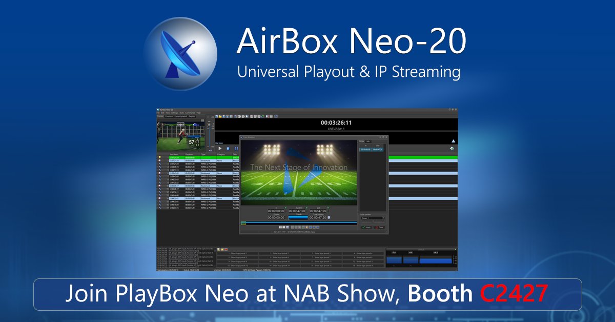 PlayBoxNeo's tweet photo. Visit us at April 16-19th NAB Show and see the latest improvements to our flagship AirBox Neo-20 - universal playout & IP streaming!
Schedule a meeting now and catch a live demo at Booth C274 📷 https://t.co/93WTyMtPHM
#PlayBoxNeo #playout #broacast #AirBox #NAB2023 #nabshow https://t.co/hIpWoLbYNI