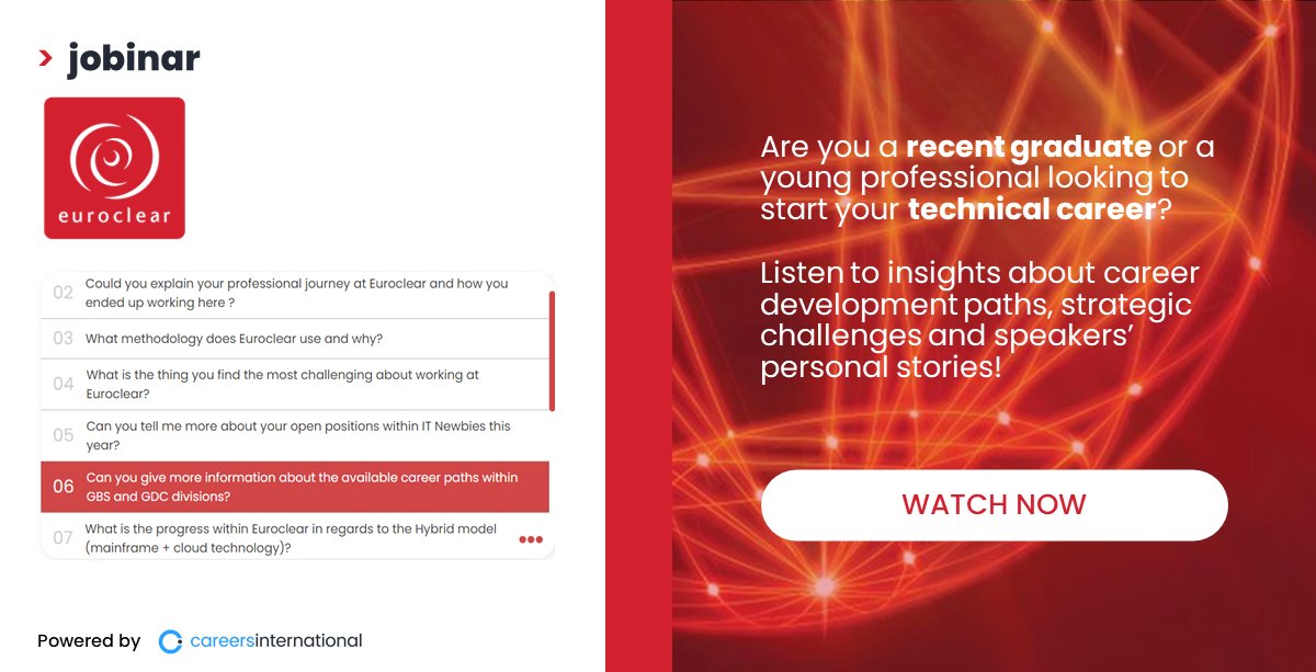 Careers_Intl's tweet photo. ''What key qualities do you look for when hiring young graduates?'' See @EuroclearGroup speakers answering this and many more questions in the jobinar. Watch the replay here > https://t.co/9w5wf8lWen
#jobinar #graduates #itjobs #IT #technology #computerscience #stem #fintech https://t.co/sKL433114q