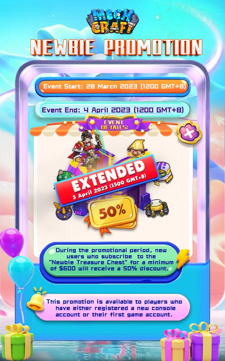 MechcraftWorld's tweet photo. We have received an overwhelmingly positive response to our MechCraft 'Newbie Promotion', so we have decided to extend the promotion until on 5th April 2023 (1500 GMT+8).
#Mechcraft #promotion #BNB #BUSD #gamefi #cryptocurrencies  #newbie #NFTs https://t.co/bwbUwbIeaI