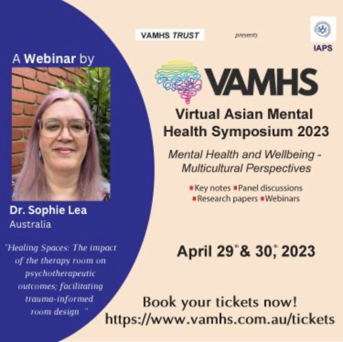 drsophielea's tweet photo. Fellow therapists join us online at #VAMHS in late April. 
An affordable professional opportunity to hear from global mental wellness researchers and therapists.
See you there! 

#counsellors #psychologists #therapystudents #monashuniversity #IAPS https://t.co/0qIRxJNuM4