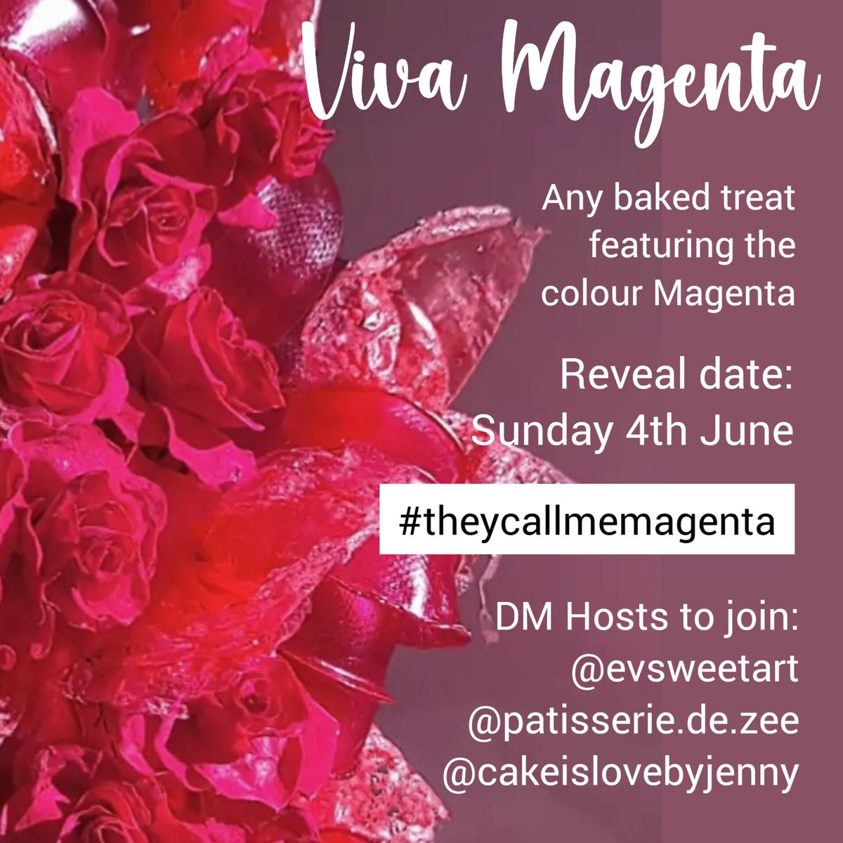 📢📢Collab Alert!

Join me over on instagram.com/cakeislovebyje… for a colour collab like no other. Paint the gram Magenta! 
#cakeartists #cakedesign #collaboration
