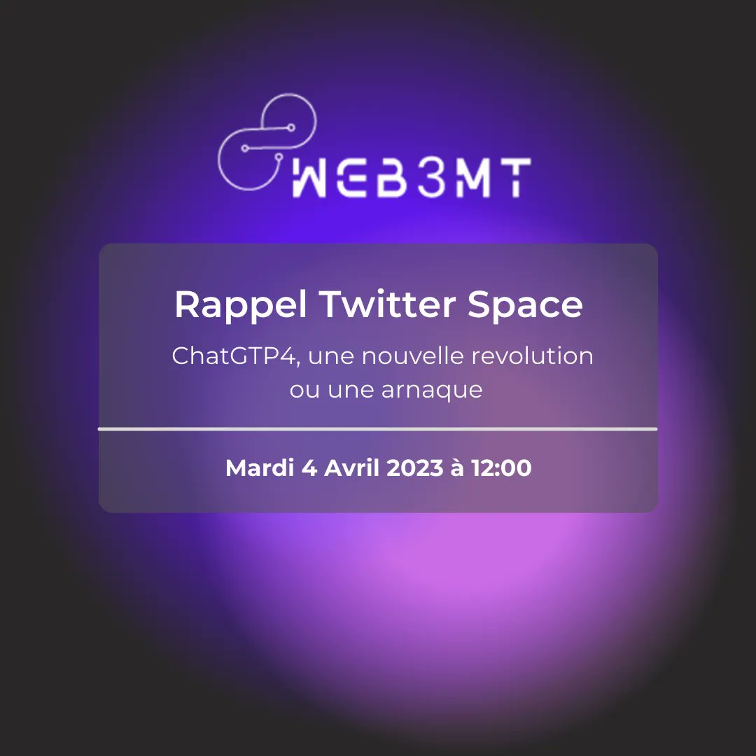 Web3markteam's tweet photo. Chat GPT4, une nouvelle revolution ou une arnaque, aujourd'hui à midi !
https://t.co/qePZH2BOdk 

#chatgpt #chatgpt4 #openai #ai #newtechnology #newtech #revolution #arnaque #twitterspaces https://t.co/mkhLyOuKWT