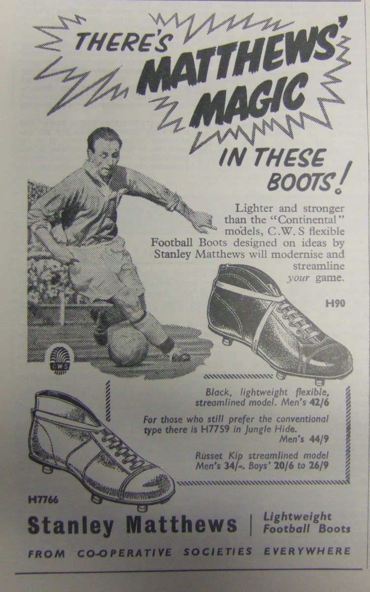 Goliath Footwear, founded in 1880 by the Co-operative Wholesale Society, famously made lightweight football boots for Sir Stanley Matthews. He made several visits to the factory in Heckmondwike, West Yorkshire and put his name to a brand of boots.  #SportArchives #Archive30