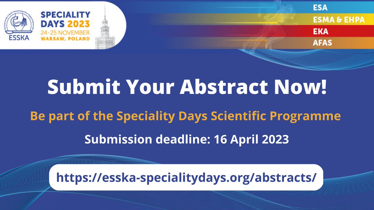 ESSKA_society's tweet image. Don&apos;t forget to submit your abstract and showcase your #research at #ESSKASD2023! 

All accepted #abstracts will be considered for Free Papers and displayed as ePosters. Abstract #awards and JEO waivers for the best abstracts!

More: loom.ly/bNGP3Yo

#sportstraumatology