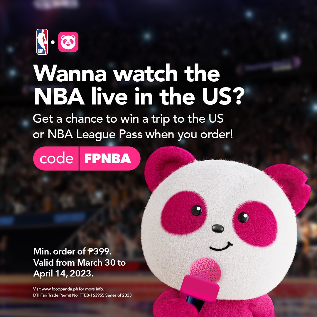 foodpandaPH's tweet photo. Stay on top of all the action this basketball season with the foodpanda NBA League Pass Giveaway! 🏀

Use the CODE: FPNBA with a min. order of ₱ 399 for (1) valid entry! You can use the code multiple times until April 14, 2023.

#balllikeapanda #eatlikeapanda #livelikeapanda https://t.co/RdZuxZgD94