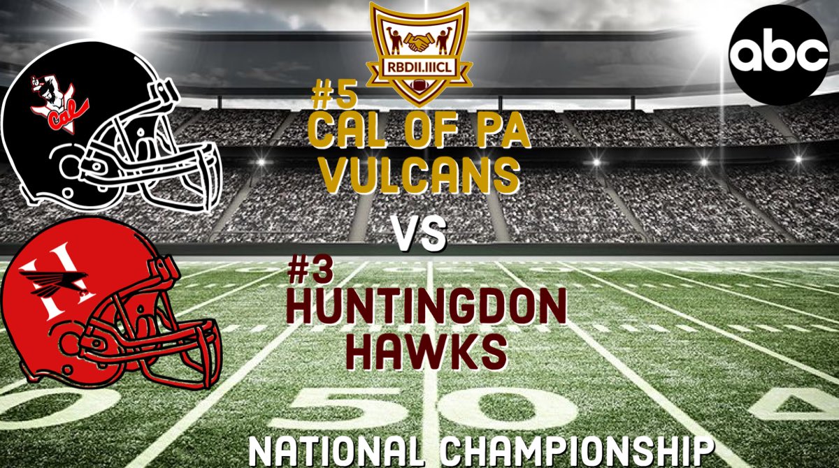 #3 vs #5. Cal of PA is fresh off of their first title appearance and Huntingdon makes their third appearance. Rivals. Former co-coordinators going head to head. Both teams looking for their first title. Who wins? Let’s find out!