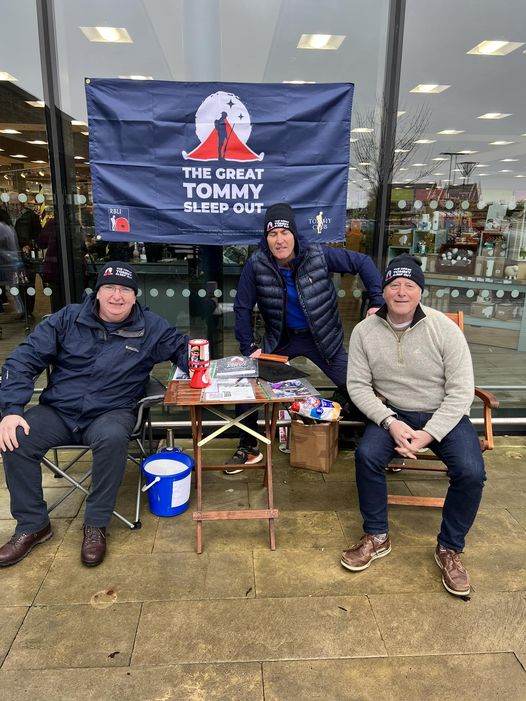 Coop_HowardBa's tweet photo. The Great Tommy Sleep out Dave Whitworth (in the middle) from DWS life skills one of my LCFs and Peter Le Marinel and Alf Clempson did this week in Poulton Centre to highlight veterans' homelessness. They raised over £2000 for the Tommy Club #coop @Chrismottley @britishlegion https://t.co/5wnXDFHKum