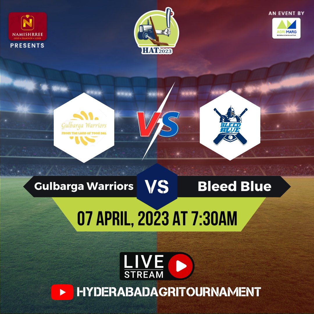 AgriTournament's tweet photo. Match 1: Team Gulbarga Warriors and Team Bleed Blue

Who will come out on top? Which team will you be rooting for? Let the excitement begin!

Watch live stream of each match 🏏

Link in Bio
#hat2023 #agrimarg  #hyderabad #GulbargaWarriorsvsBleedblue https://t.co/VReWmHe12I