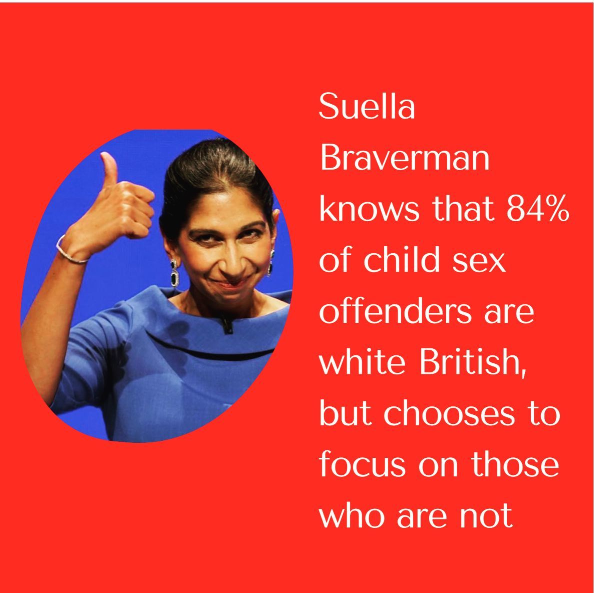 no1_scotland's tweet image. Suella Braverman knows that 84% of child sex offenders are white British, but chooses to focus on those who are not … #Apologise #CultureWar