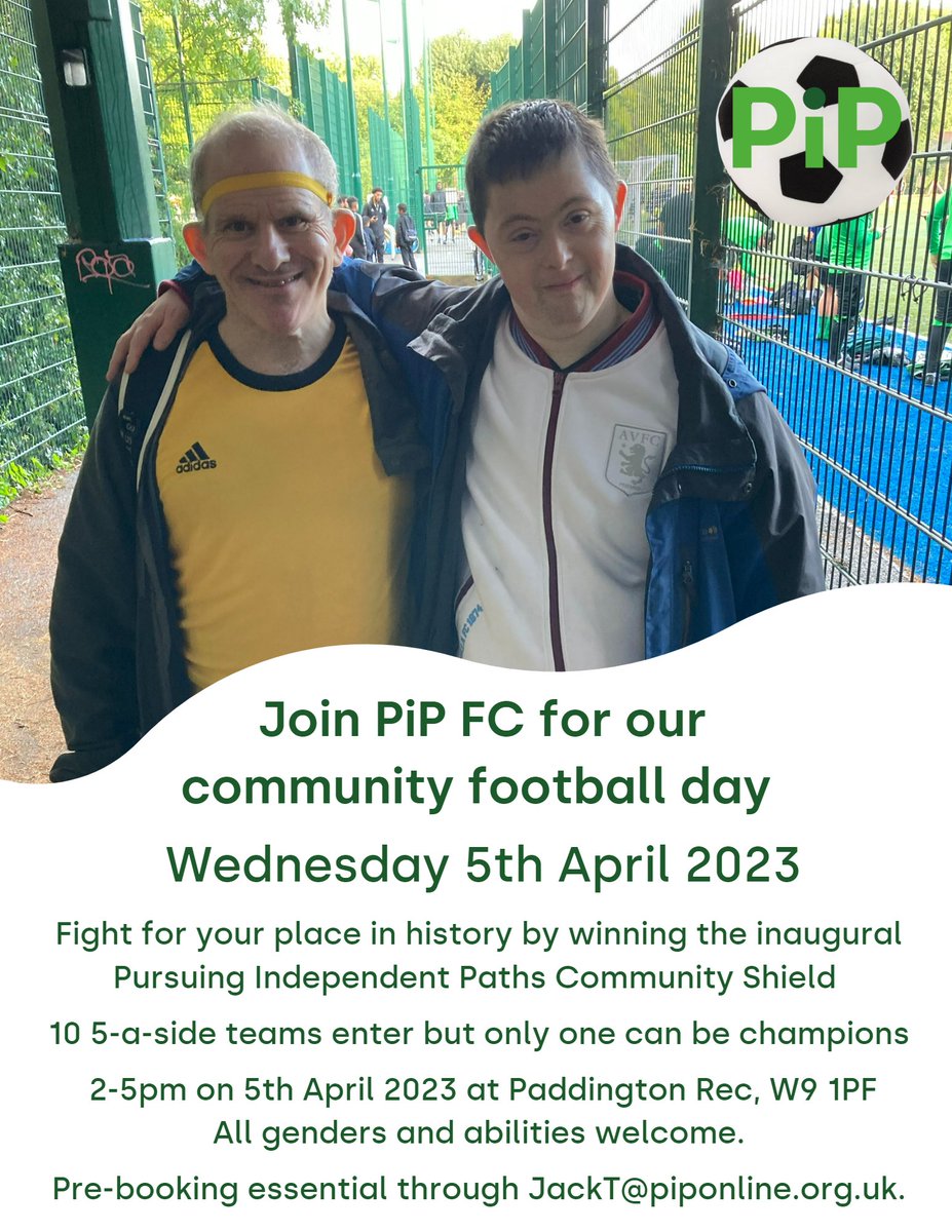 Community Football Day ⚽will be on tomorrow Wed 5th April from 2-5pm at Paddington Rec, W9 1PF with 10 teams playing 5-a-side football. The event is organised by <a href="/PIPLDN/">PIP</a> for adults with learning disabilities and autism but all genders and abilities welcome🥰