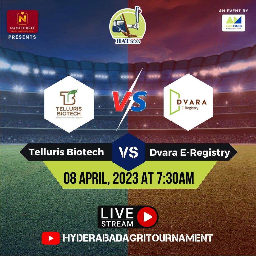 AgriTournament's tweet photo. Match 6: Team Telluris Biotech and Team Dvara E-Registry

Who will be crowned the ultimate victor? The excitement is palpable! 

Link in Bio!

#hat2023 #agrimarg
#Crickettournament #crciketlovers #hyderabad #TellurisBiotechvsDvaraeregistry #matchday https://t.co/Tv88FOgF7O
