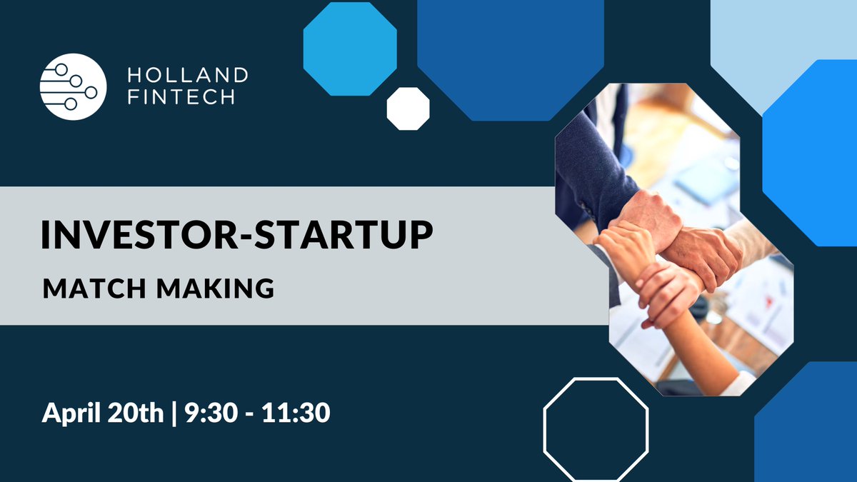 HollandFinTech's tweet photo. Join our Startup – Mentors Matchmaking event to share knowledge and experience for the growth of your company. Meet with entrepreneurs, executives, investors, experts, and advisors in a curated environment. 

#startupmentors #mentormatching #hollandfintech #Amsterdam #Fintech https://t.co/FZXo9sntWZ