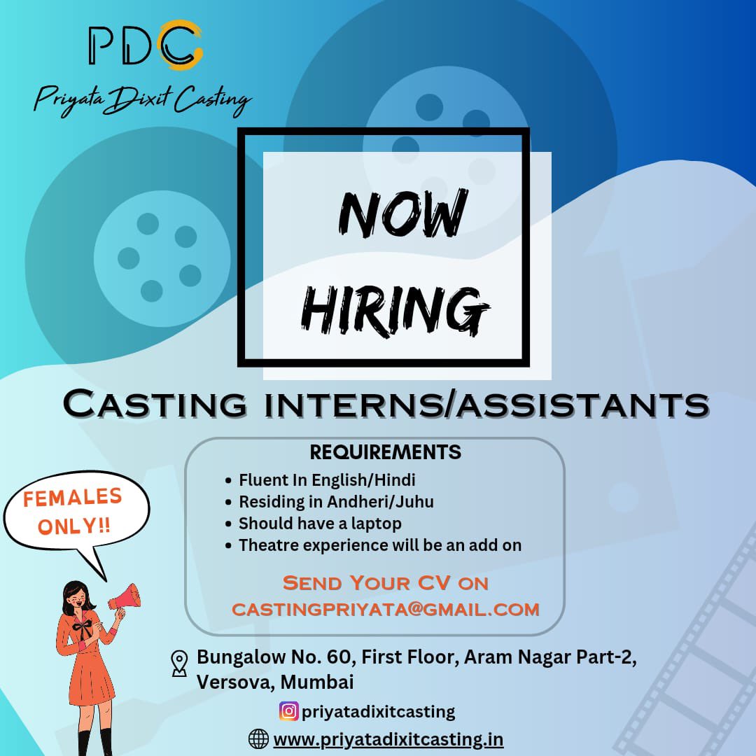 castingpriyata's tweet image. 𝐖𝐄 𝐀𝐑𝐄 𝐇𝐈𝐑𝐈𝐍𝐆 !!! 📢 📢 📢

𝐂𝐀𝐒𝐓𝐈𝐍𝐆 𝐀𝐒𝐒𝐈𝐒𝐓𝐀𝐍𝐓/𝐈𝐍𝐓𝐄𝐑𝐍

✉️ Send us your CV/Resume on castingpriyata@gmail.com

🌐 priyatadixitcasting.in
#hiringalert #castingassistant #castingintern #womenonly #females #PDC #PriyataDixitCasting #Hiring #females