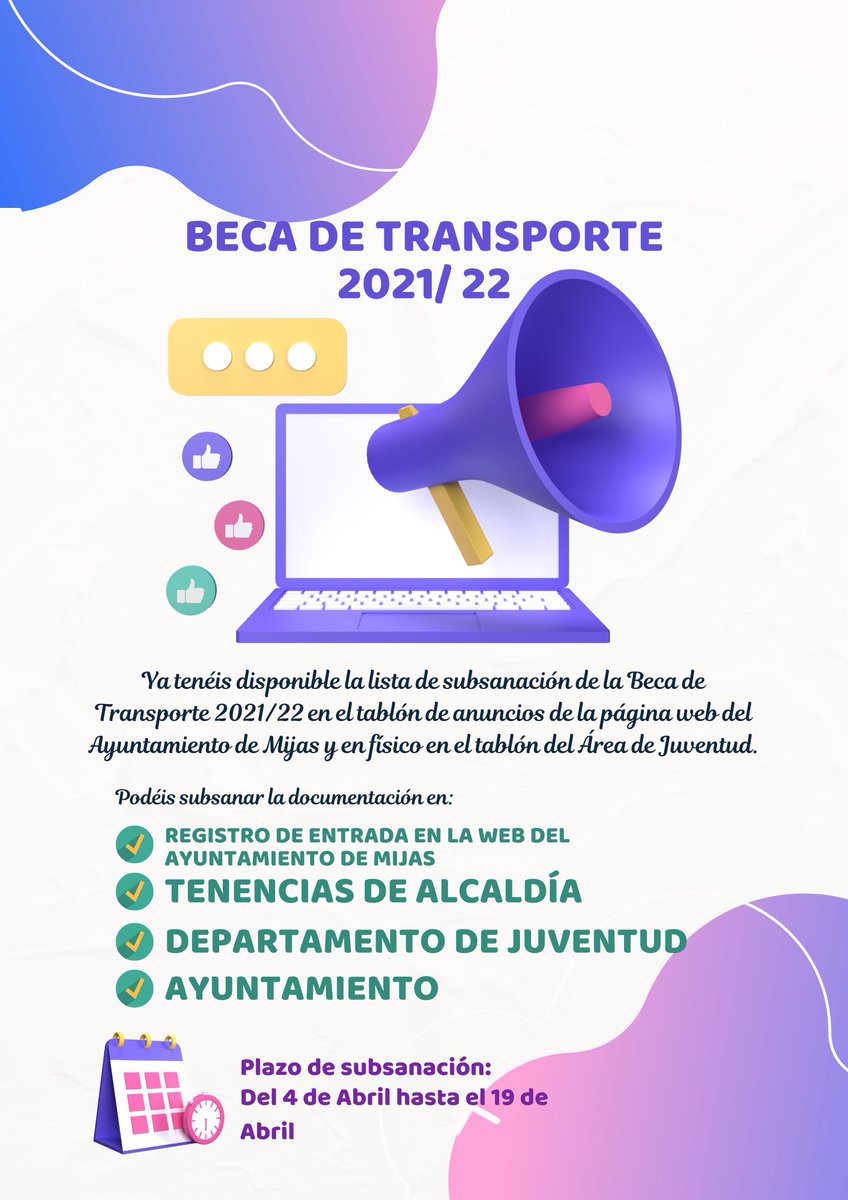 ⚠️¡ATENCIÓN!⚠️

📅Ya podéis aportar la documentación para subsanar la Beca de Transporte 2021/22.

⏰Disponible desde el 4 de Abril hasta el 19 de Abril.