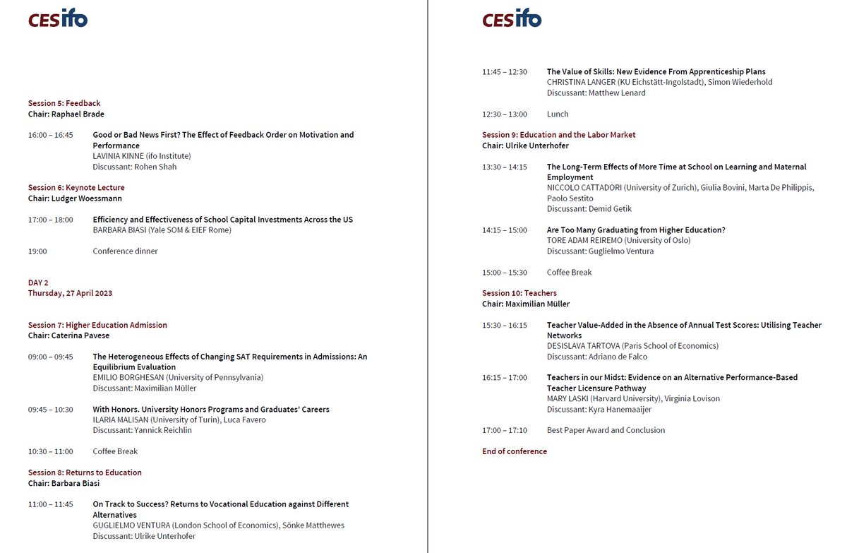 📢Super excited to share the program for our 1st CESifo / ifo Junior Workshop on the Economics of Education🥳 26-27 April 2023, Munich Keynote @BarbaraBiasi We had an incredible 160 (!) great submissions💪- so tough to choose... Very much looking forward🤩@CaterinaPavese1 👇