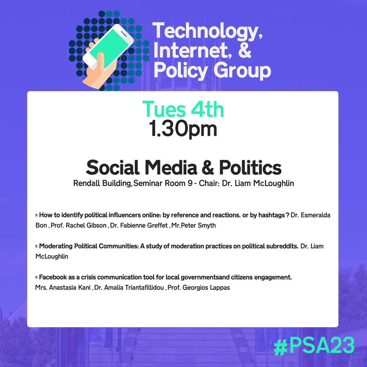 Good Morning #PSA23 goers! We've got some more excellent panels for you today.

First up we have New Digital Methods in Policymaking, (9.30am), followed by Social Media &amp; Politics (1.30pm). 

Both are sure to pose questions of where policy and politics are going next!