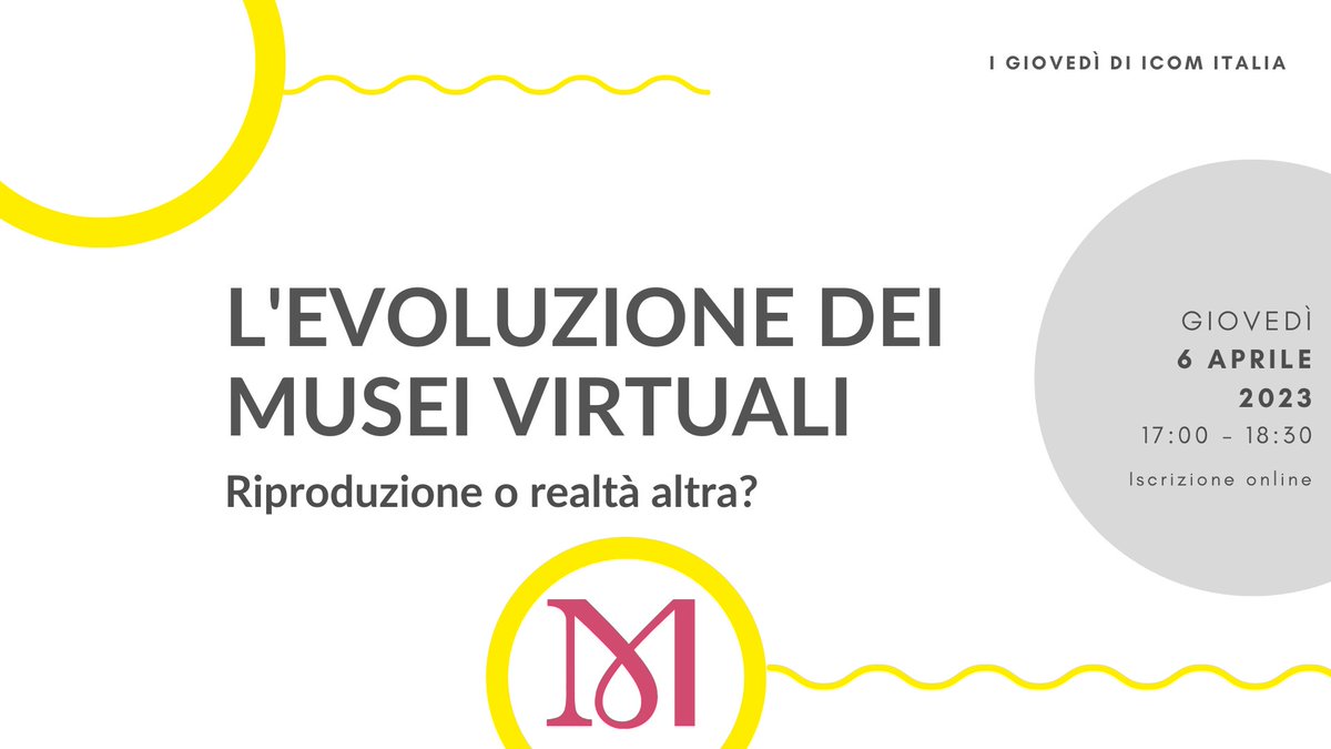 I giovedì di ICOM Italia | L’evoluzione dei Musei Virtuali. Riproduzione o realtà altra? 🏛
📆 6 aprile, 17:00-18:30

👀👉🏼 Per saperne di più e iscriverti clicca il link: bit.ly/GiovedìMuseiVi…

#ICOMItalia #ICOMTogether #MuseoFuturoOggi #ArteContemporanea #Museum #Museo