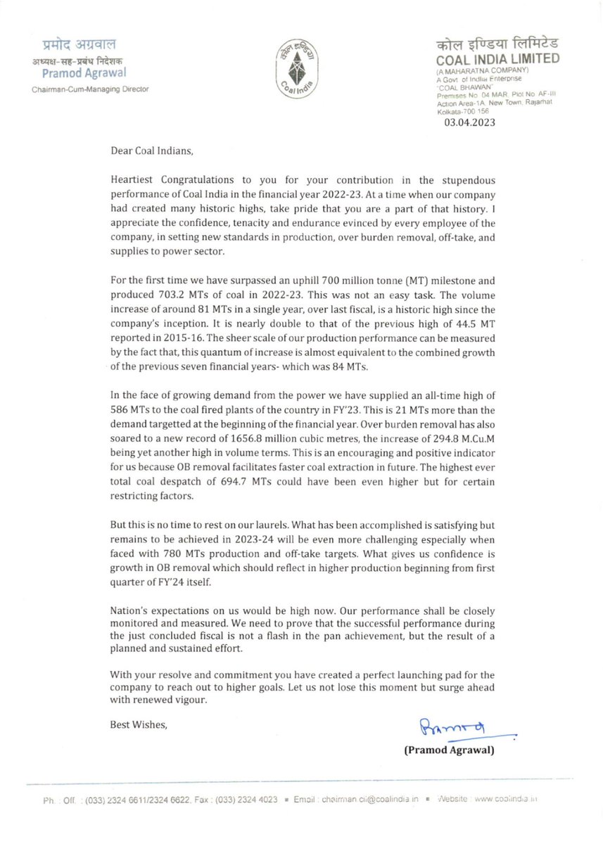 CoalIndiaHQ's tweet photo. CHAIRMAN, COAL INDIA LAUDS EMPLOYEES FOR THEIR CONTRIBUTION IN CIL's STUPENDOUS PERFORMANCE IN FY 2022-23 https://t.co/i3JrNeGo9p