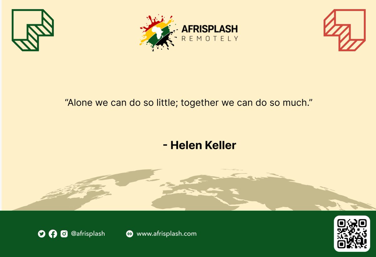 Afrisplash's tweet photo. “Alone we can do so little; together we can do so much.”

Signup on our Waitlist and get notified as we work to bring future work opportunities to you- https://t.co/lbmO8NYYd3

Live, Work and Suceed Anywhere🌎

#remotework #workfromhome #workanywhere #collaboration #remotejobs https://t.co/GwL7ycwwjr