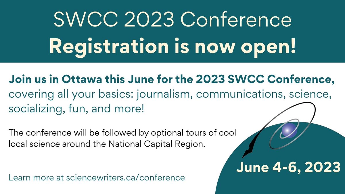 SWC_Can's tweet image. Registration for the #SWCCan2023 conference is now open! Get your ticket today and join us in Ottawa, on June 4-6, 2023, as we cover all your basics: journalism, communications, science, socializing, fun, and more! 

Register here: sciencewriters.ca/conference