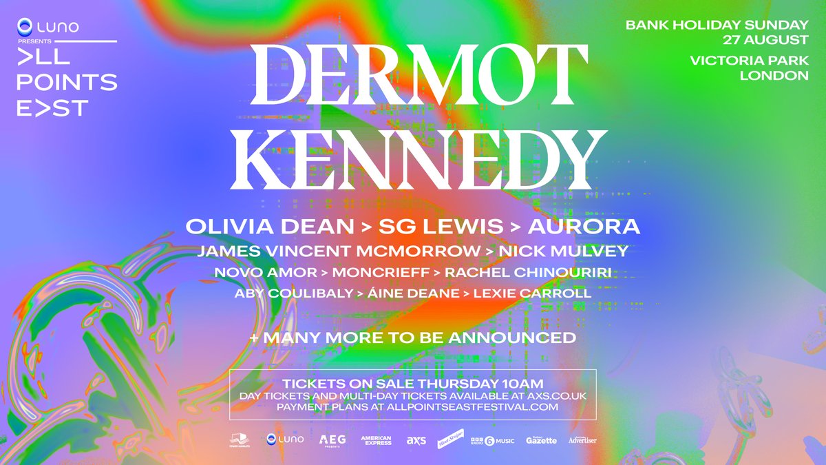 allpointseastuk's tweet photo. Acclaimed singer-songwriter @DermotKennedy is your next headliner for Luno presents All Points East, joining us on Bank Holiday Sunday 27 August! ✨

Sign up to the APE Presale at https://t.co/QnQ5Po66eM

Tickets go on general sale Thursday 6 April at 10am. https://t.co/umQt99azFq