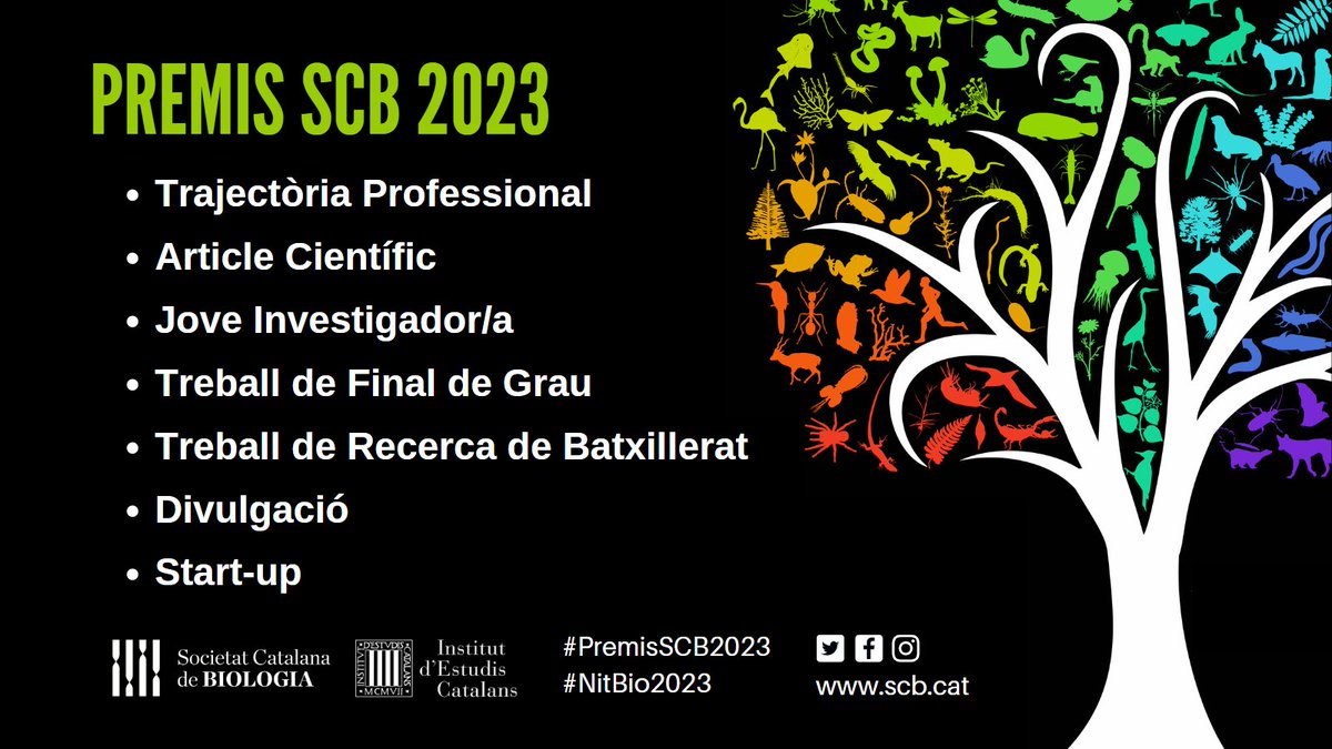 🏅Encara no has participat als #PremisSCB2023 #NitBio2023? No t'ho pensis més i presenta-t'hi! ➡️Trajectòria Professional ➡️Article Científic ➡️Jove investigador/a ➡️Treball de Fi de Grau ➡️Treball de Recerca de Batx. ➡️Divulgació ➡️Start-up ➕ bit.ly/3ILa4Z8