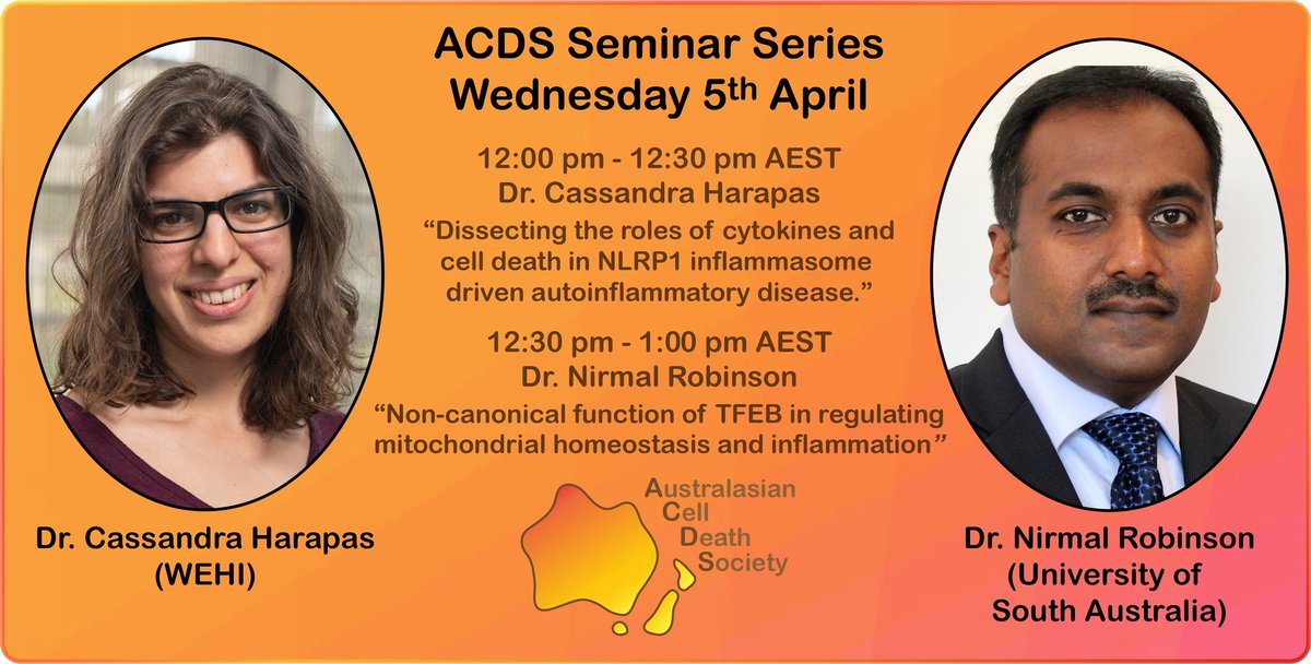 📢 On tomorrow! Join us online from 12-1pm AEST for two excellent #celldeath stories from Dr @CassHarapas & Dr Nirmal Robinson @Nirmalrob at our April Seminar 🤩 See you all there! @WEHI_research @CCB_Research @unisaresearch