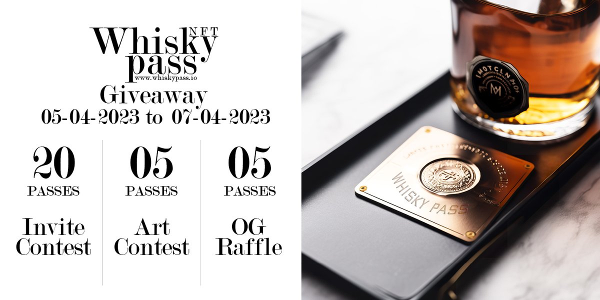 Rush to out Discord - fantastic giveaways happening right now 
discord.gg/PM2SnHHUeX

Buy your whisky pass to get access to all the mints - tinyurl.com/m6k5v9a3

#nft #NFTProjects #NFTdrops #NFTGiveaways #NFTCommunity #nftpass