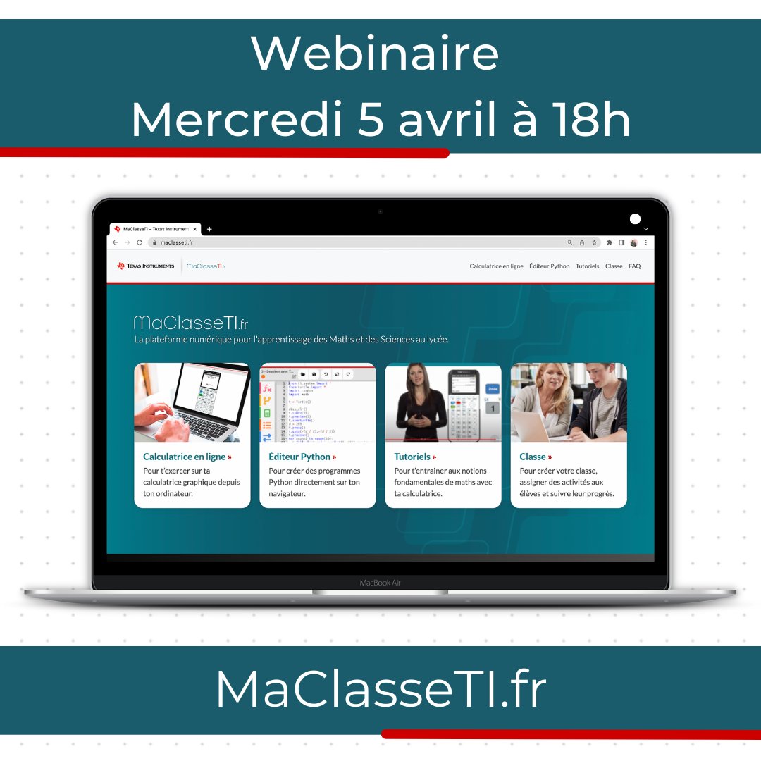 Découvrez la plateforme MaClasseTI.fr développée en collaboration entre <a href="/TIEducationFR/">Texas Instruments Education FR</a>, le réseau T³ France et Vittascience dans un webinaire dédié ! 🎥