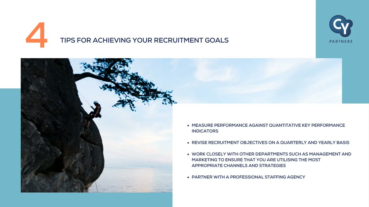 CYPartners's tweet photo. The #warfortalent is becoming increasingly fierce. To retain their competitive advantage & attract the #besttalent, it’s crucial that businesses set smart, actionable #recruitmentgoals.
Here are a few of our top tips to help you successfully achieve your hiring objectives. https://t.co/b7Zctn1wPh