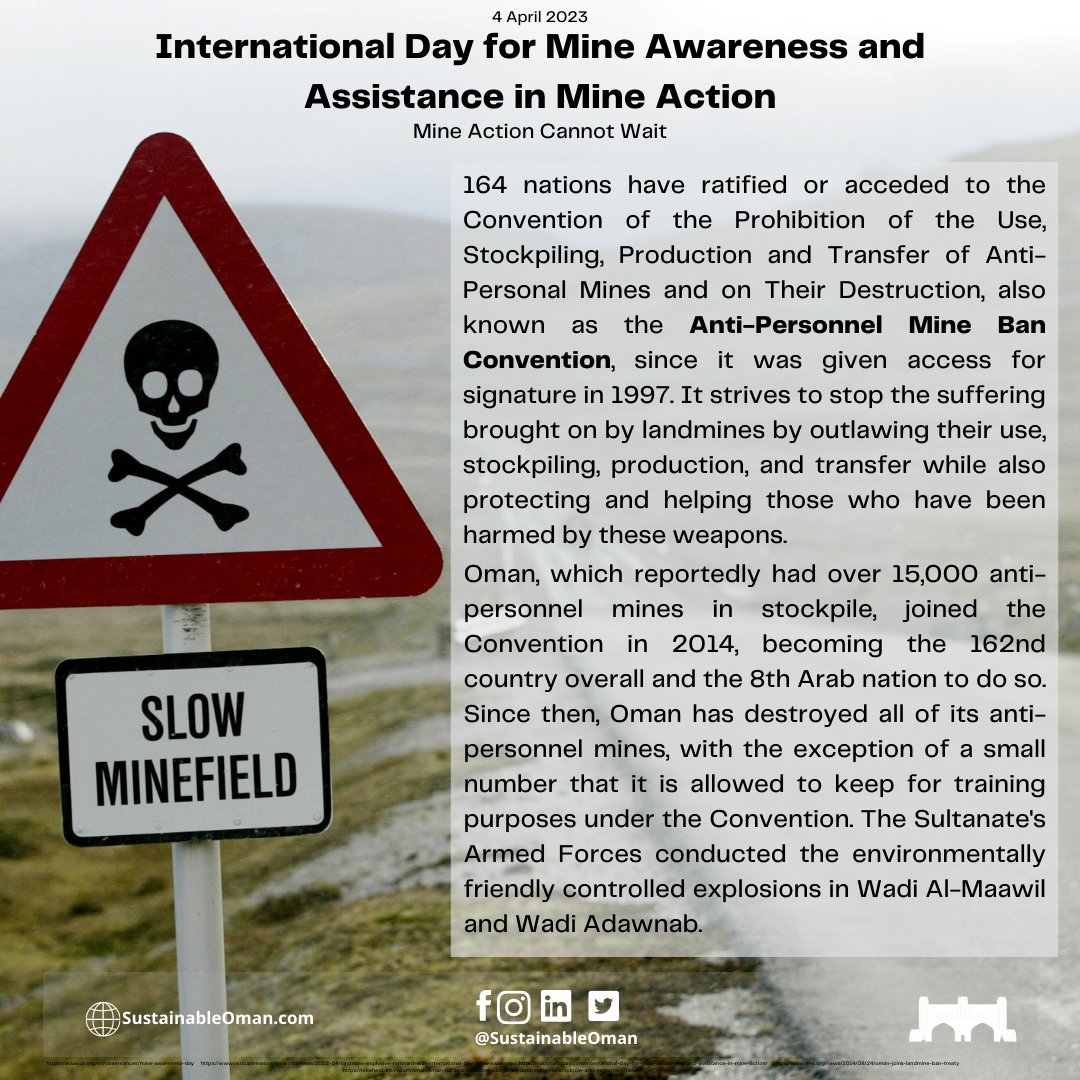 SustainableOman's tweet photo. Why is this day important?
🔥 landmines removal saves lives 
🔥 removing landmines helps with social and economic development 
🔥 landmine production is still happening and is not a problem of the past 

#IMAD2023 https://t.co/2LGNIOwgqw