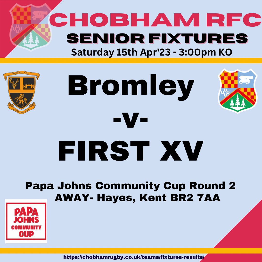 chobhamrugby's tweet photo. We have been drawn away to @bromleyrfc in Round 2 of the Papa Johns Community Cup on the 15th April. Further details to follow.
Bromley finished 2nd in Counties Kent 1 last season and they beat Tiffs R1 last week.
#gomightychobham
#PJCC
#roadtrip
#roadtotwickenham https://t.co/qURzh6CW0S