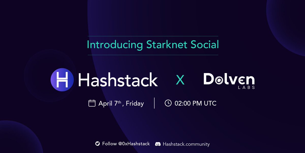0xHashstack's tweet photo. We're excited to host .@dolvenlabs, the team behind .@StarknetSocial, for a Twitter Spaces about Starknet Social.

📆 7 April @ 2 pm UTC

Primary link: https://t.co/JR9lbxWtmC
Backup link: https://t.co/UFkn5U81Op

🔗 .@Galxe OAT: https://t.co/4kbdqywouW https://t.co/zgePrCVu0N