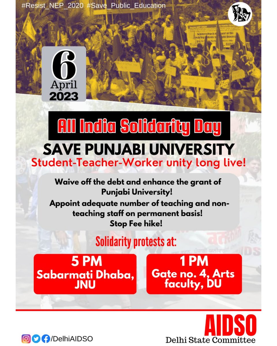 Long Live the Struggle of 'Punjabi University Banchao Morcha' ✊
#6April2023
#SolidarityDay 
#ResistNEP2020
#SavePublicEducation 
#AIDSO